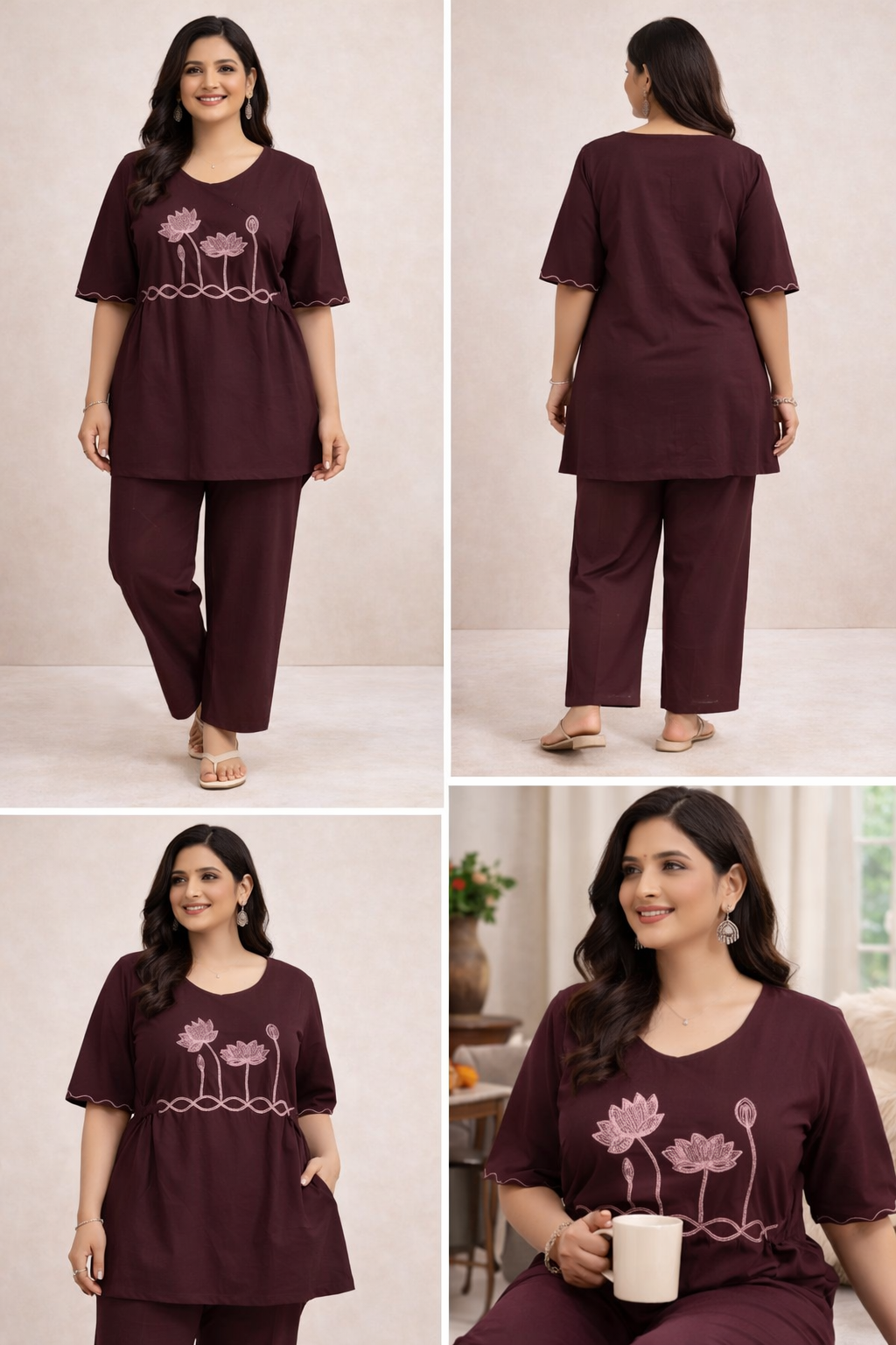 Maroon Cotton 2 Piece Co-Ord Set with Embroidered Top | Designer Kurti, Pant  Festive & Party Wear