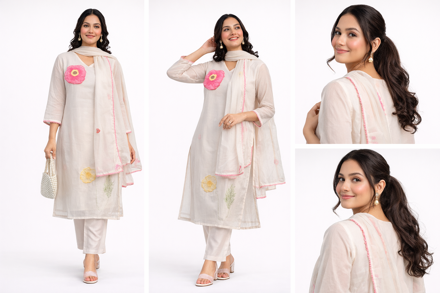 Elegant Cotton 3PC Kurta Pant Dupatta Set with Floral Applique –Festive & Casual Ethnic Wear