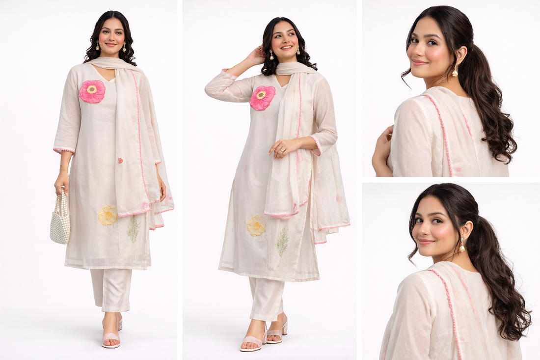 Elegant Cotton 3PC Kurta Pant Dupatta Set with Floral Applique –Festive & Casual Ethnic Wear
