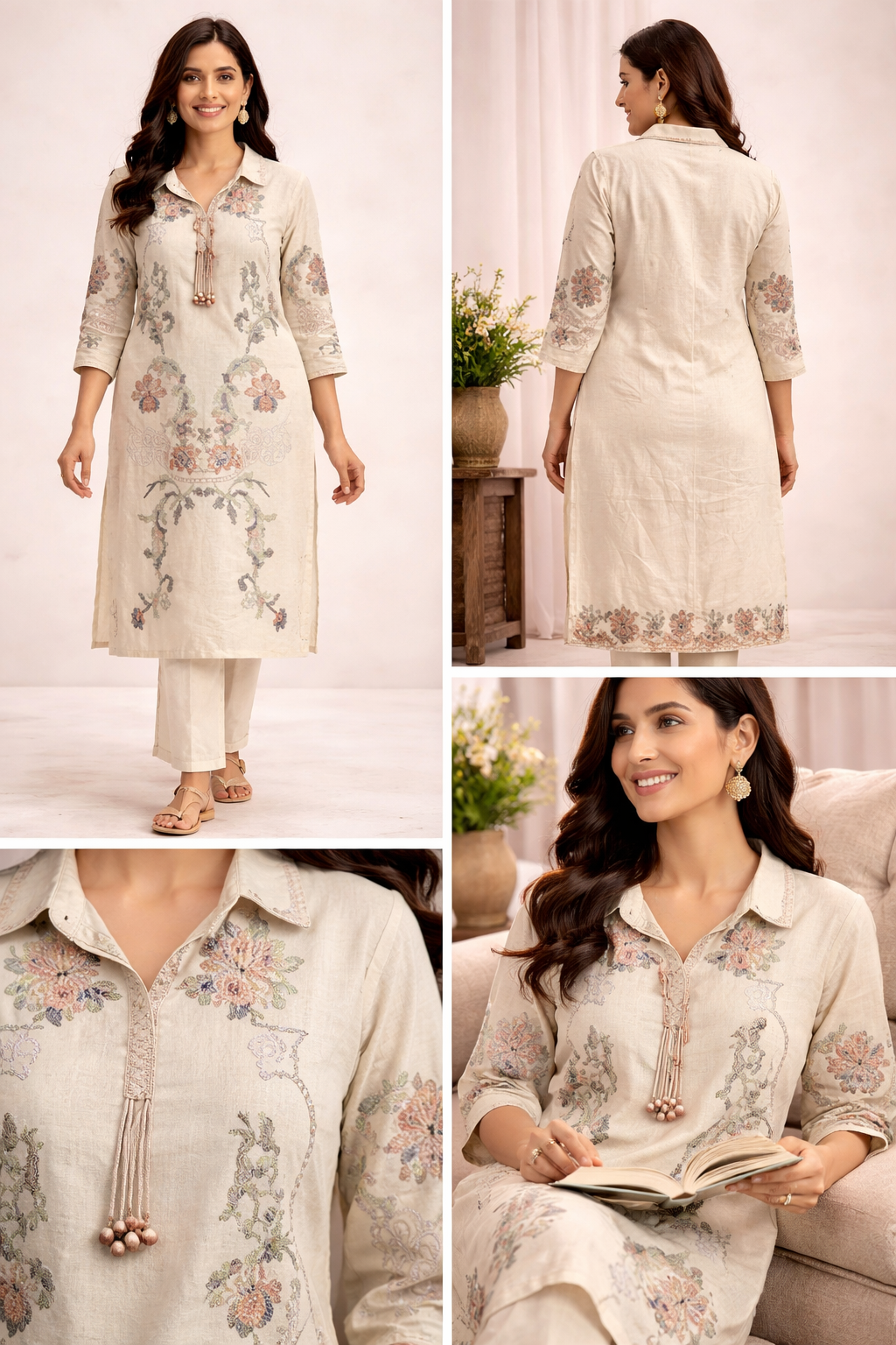Beige Flex Cotton 3 Piece Kurta Palazzo Dupatta Set with Embroidery – Elegant Ethnic Wear