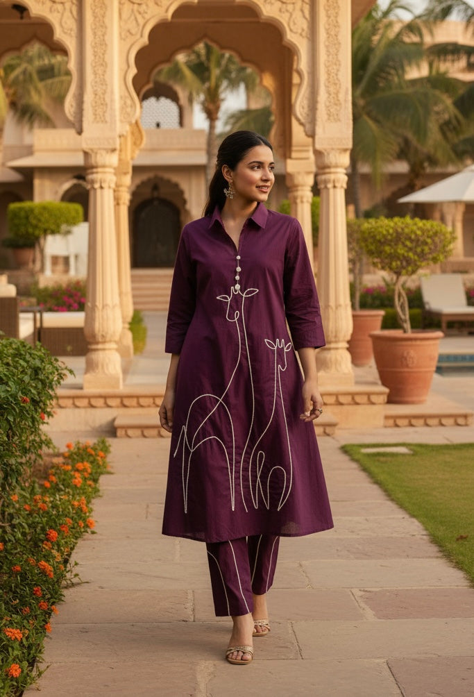 Majestic Muse Giraffe Purple Embroidered Cotton Co-ord Set