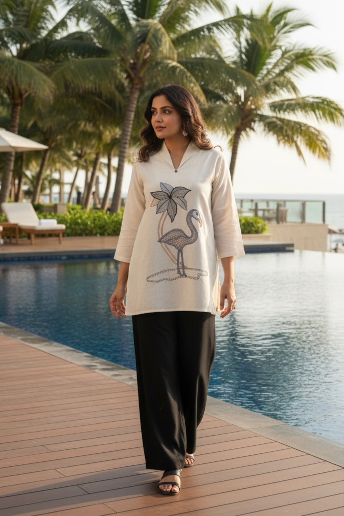 Handcrafted Flamingo Embroidered White Cotton Flex Co-ord Set