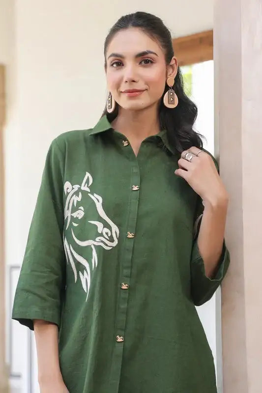 Olive Horse Embroidered Cotton Flex Co-ord Set