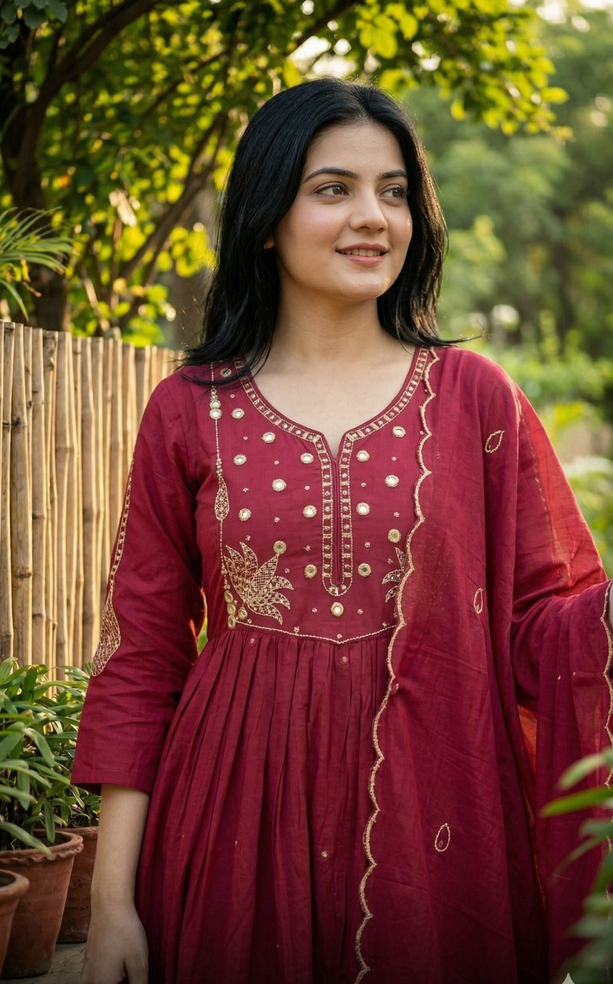 Elegant Maroon Sili Cotton Anarkali Suit Set with Dupatta