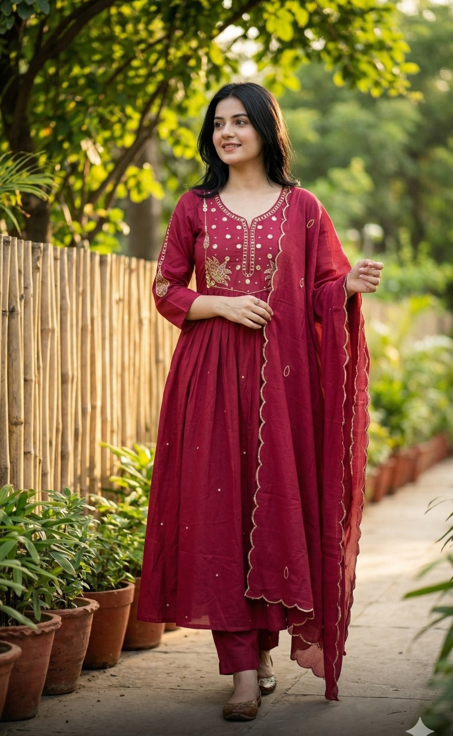 Elegant Maroon Sili Cotton Anarkali Suit Set with Dupatta