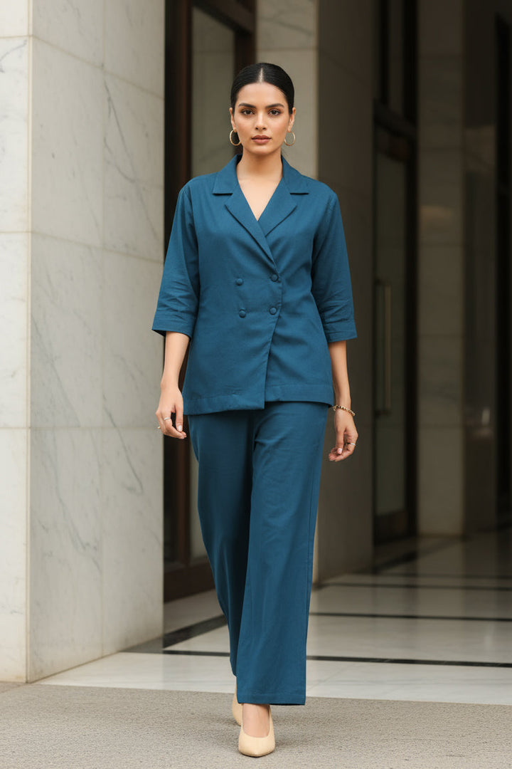Solid Teal Blue Double-Breasted Cotton Flex Co-ord Set