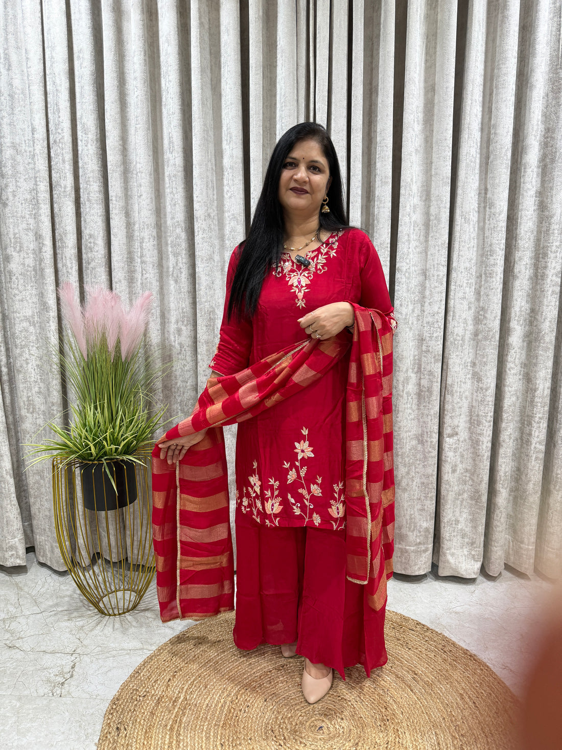 Pure HO Silk Red Sharara Set with Organza Dupatta | Party Wear Kurti Set for Women