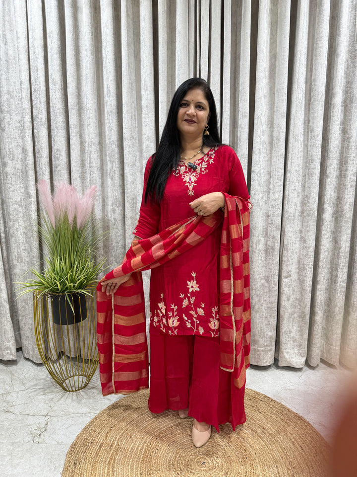 Pure HO Silk Red Sharara Set with Organza Dupatta | Party Wear Kurti Set for Women