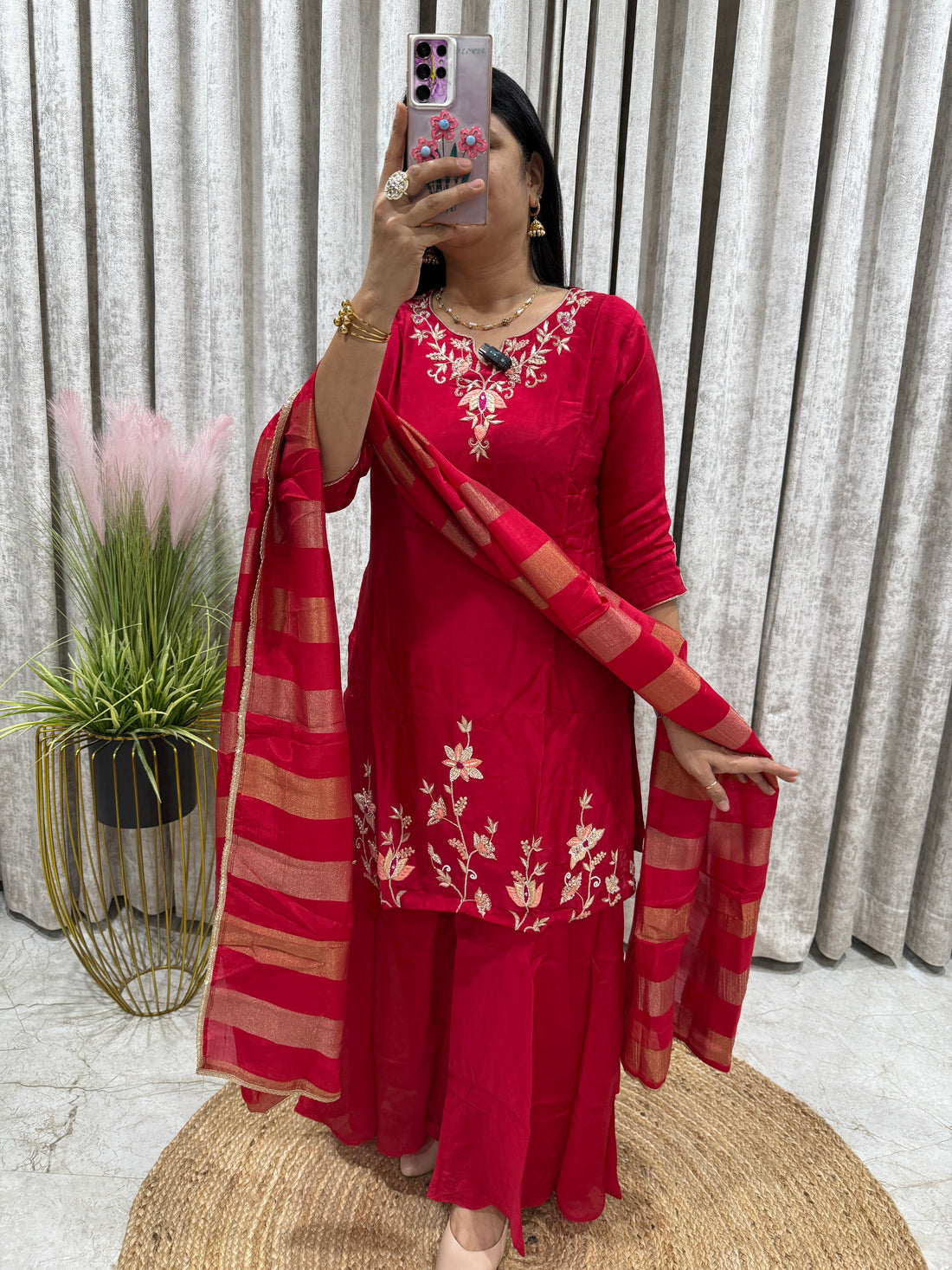 Pure HO Silk Red Sharara Set with Organza Dupatta | Party Wear Kurti Set for Women