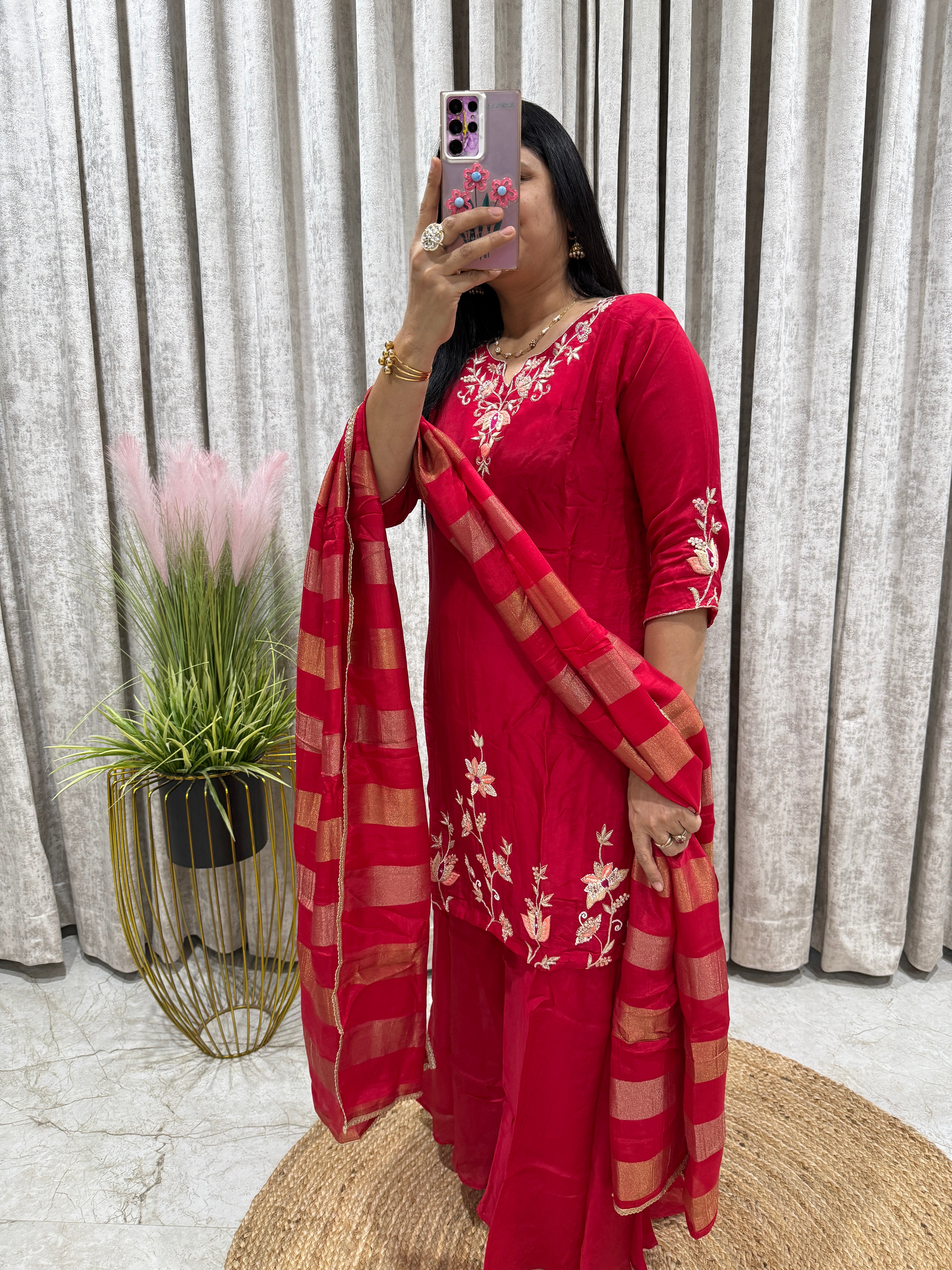 Pure HO Silk Red Sharara Set with Organza Dupatta | Party Wear Kurti Set for Women