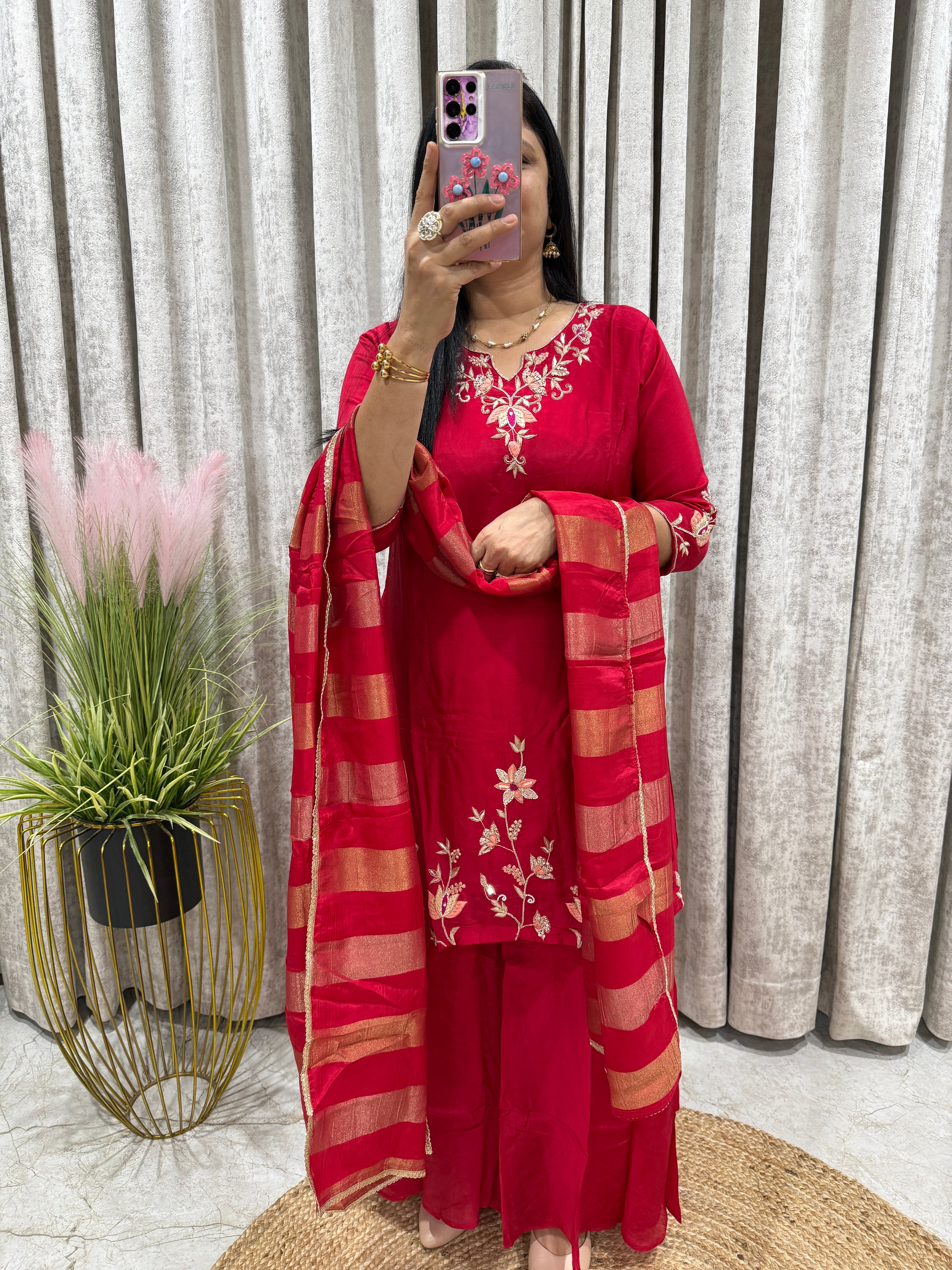 Pure HO Silk Red Sharara Set with Organza Dupatta | Party Wear Kurti Set for Women