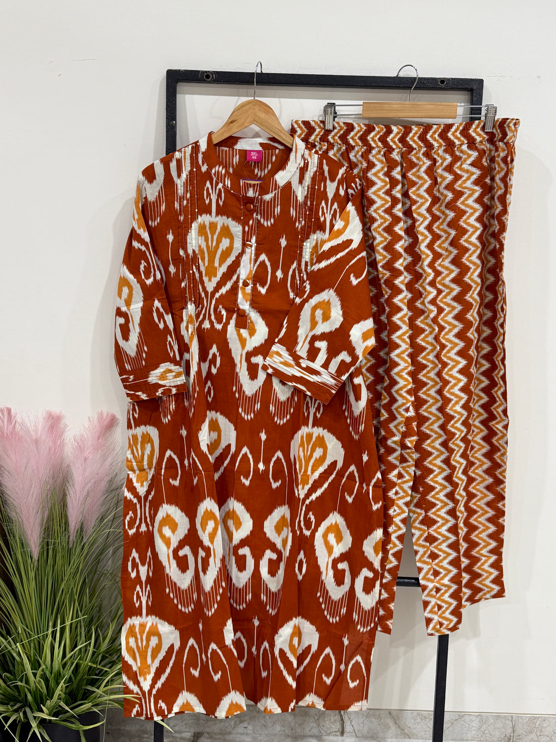 Plus Size Pure Cotton Printed Kurti Pant Set for Women | Rust Orange Ikat Design Co-Ord Set