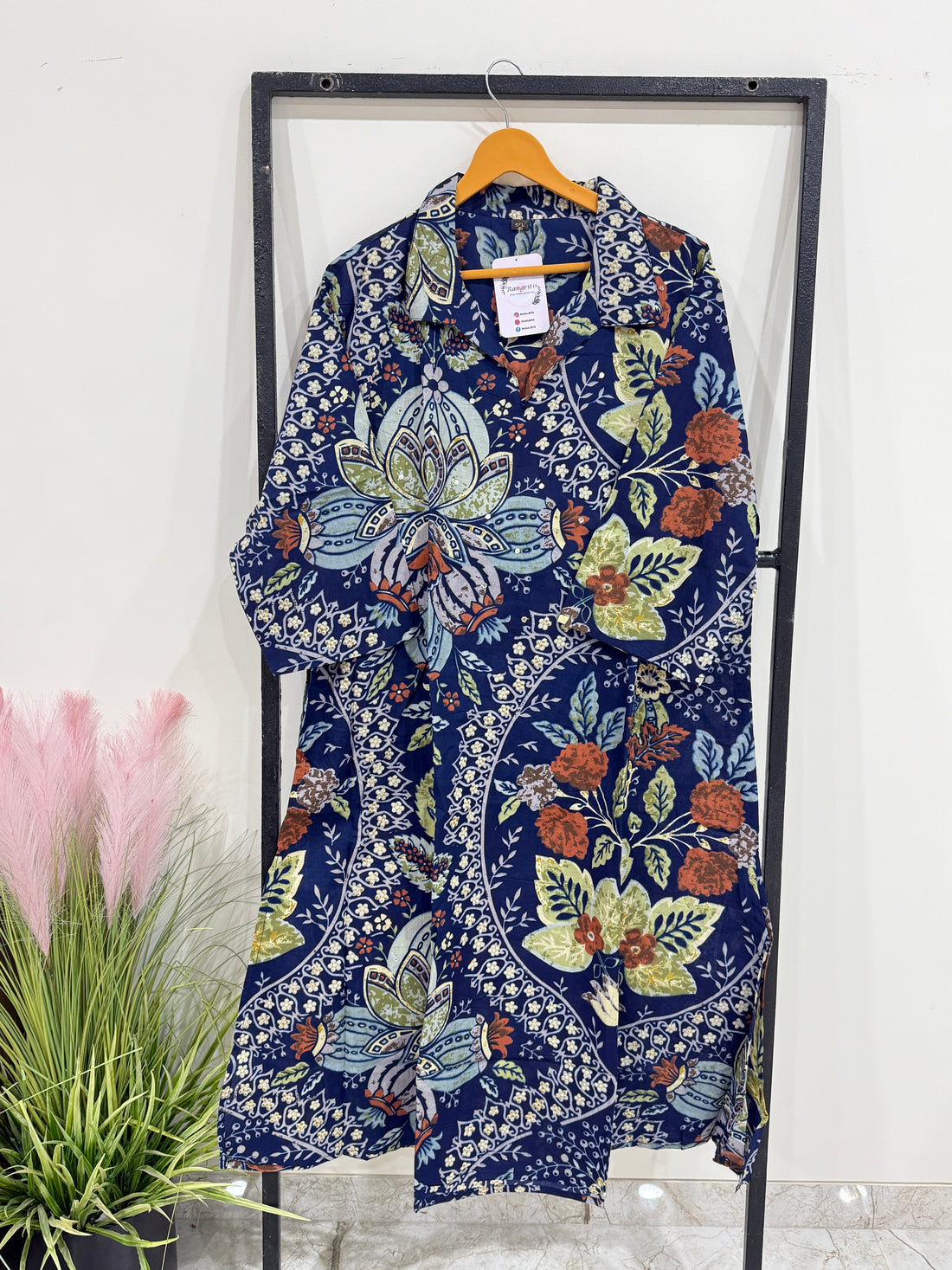 Navy Blue Floral Pure Cotton Kurti | Plus Size Women’s Printed Kurta | Comfortable Daily & Office Wear