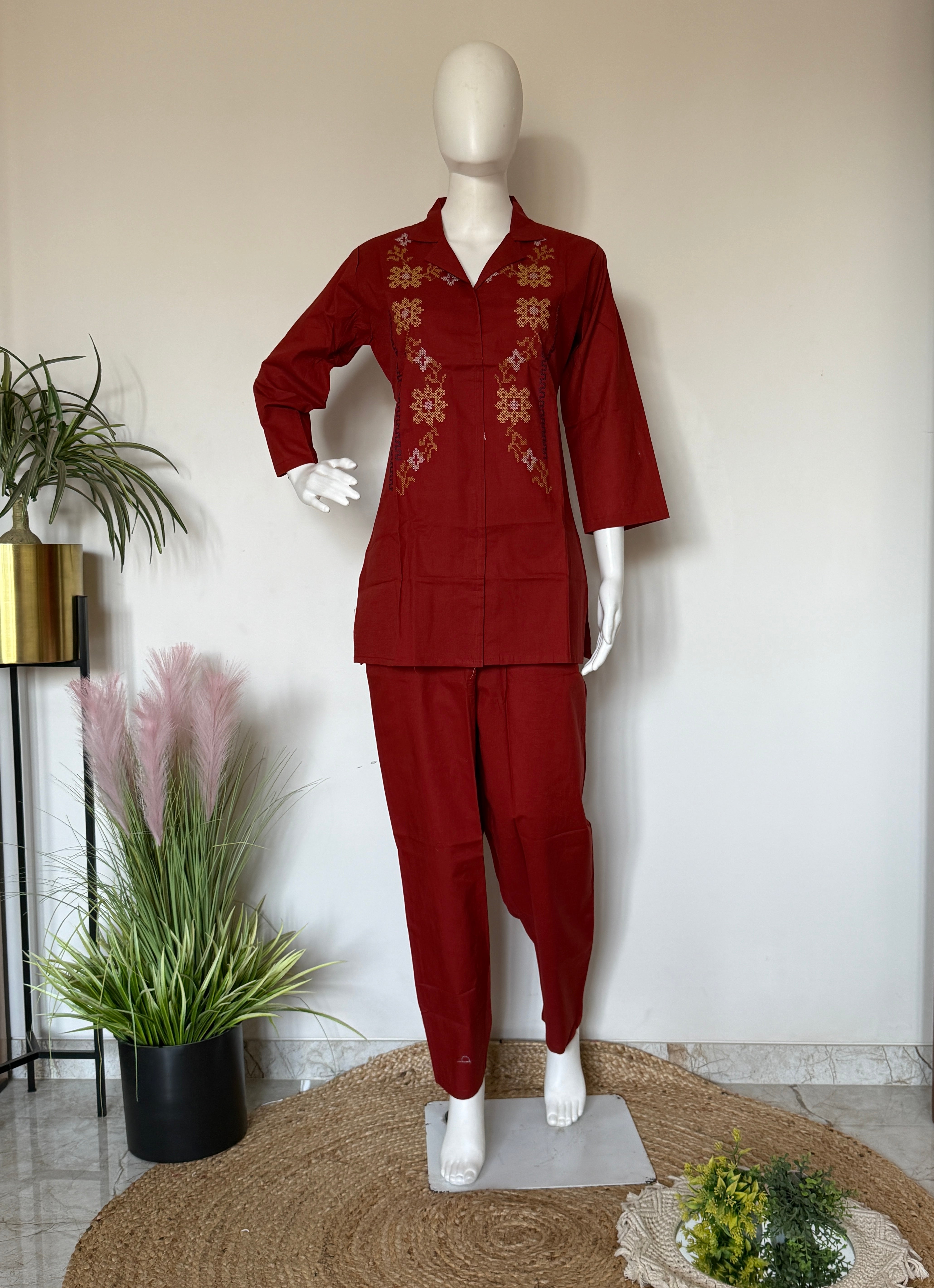 Red Pure Cotton Co-Ord Set with Embroidery – Stylish 2PC Kurti Pant Set