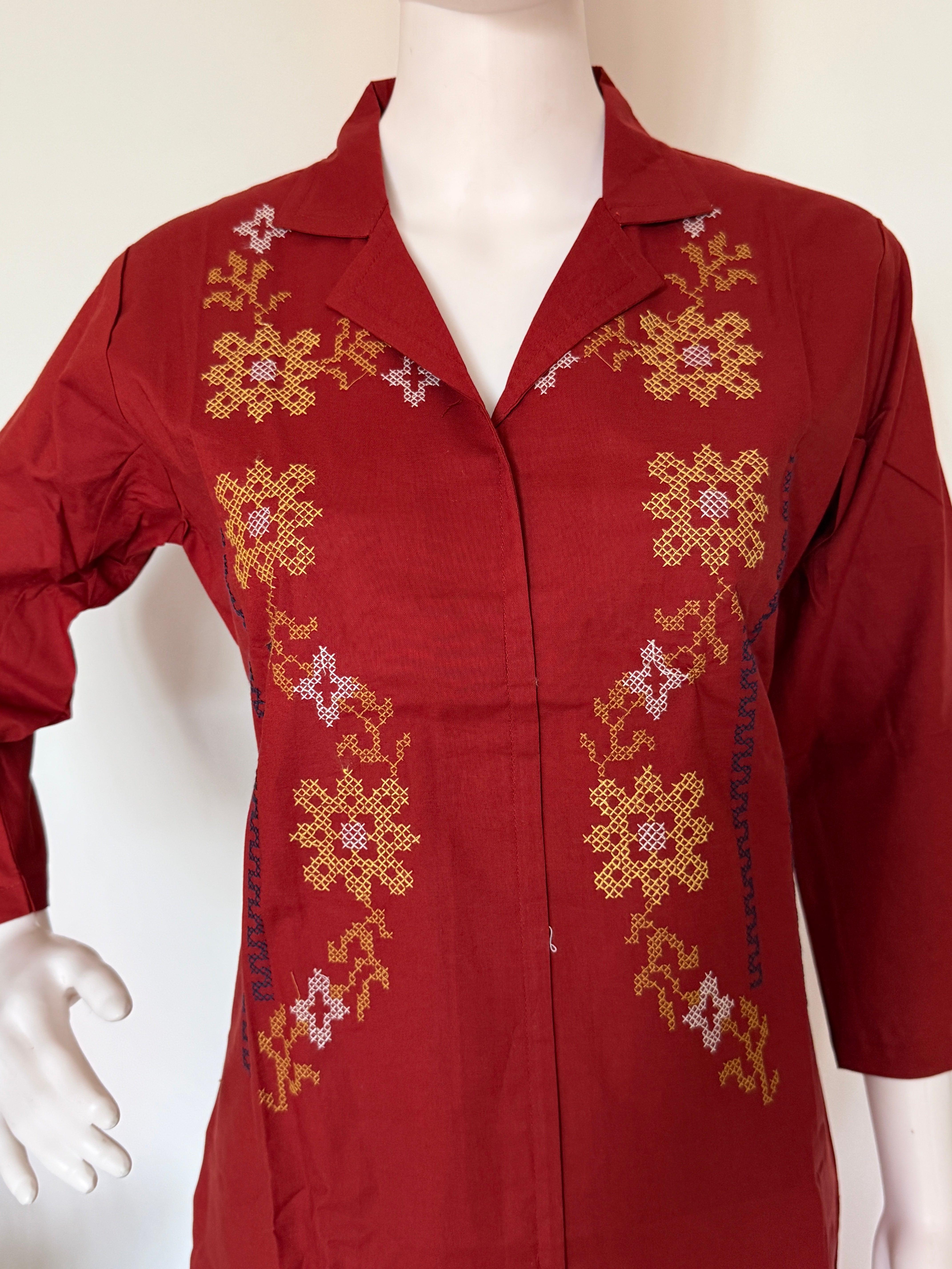 Red Pure Cotton Co-Ord Set with Embroidery – Stylish 2PC Kurti Pant Set