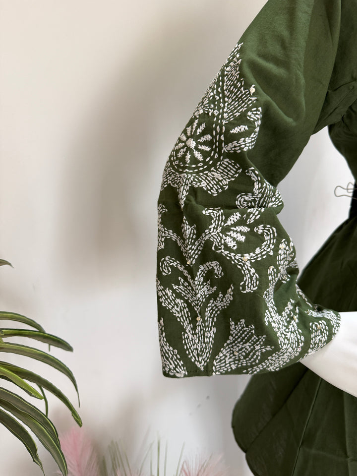 Olive Green Pure Cotton Co-Ord Set with Katha Stitch – 2PC Kurti Pant Set