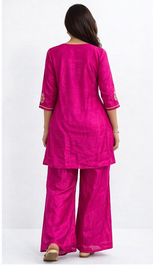 Rani Pink Pure Crape Silk Indo Western Set with Hand Work | Banarasi Jacquard Crop Top with Crape Silk Divider & Shrug | Festive & Wedding Wear