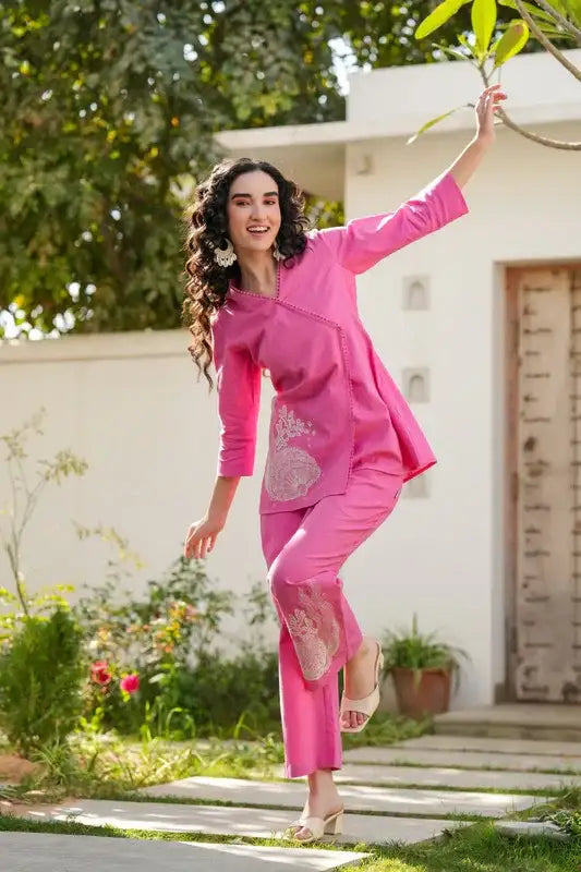 Rosy Glow Embroidered Cotton Flex Co-ord Set