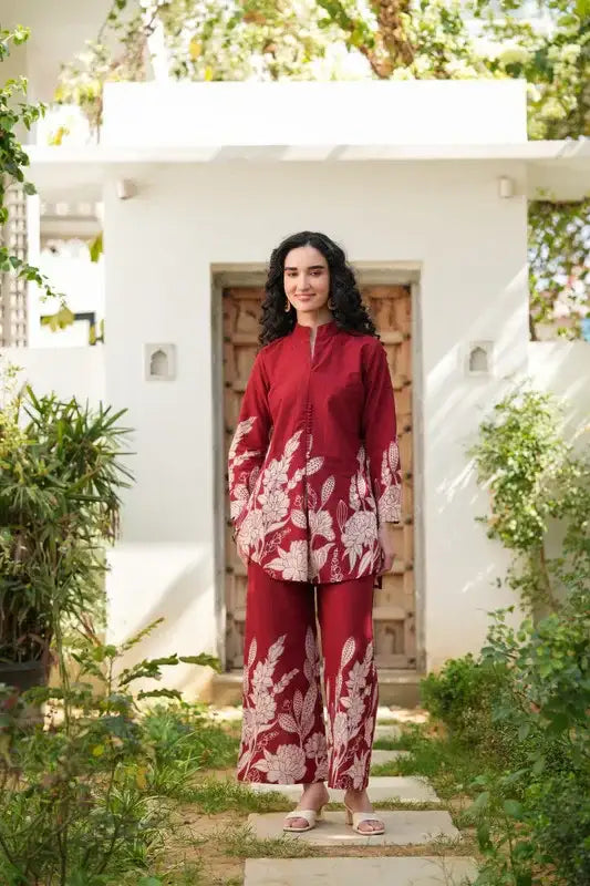 Crimson Bloom Cotton Co-ord Set
