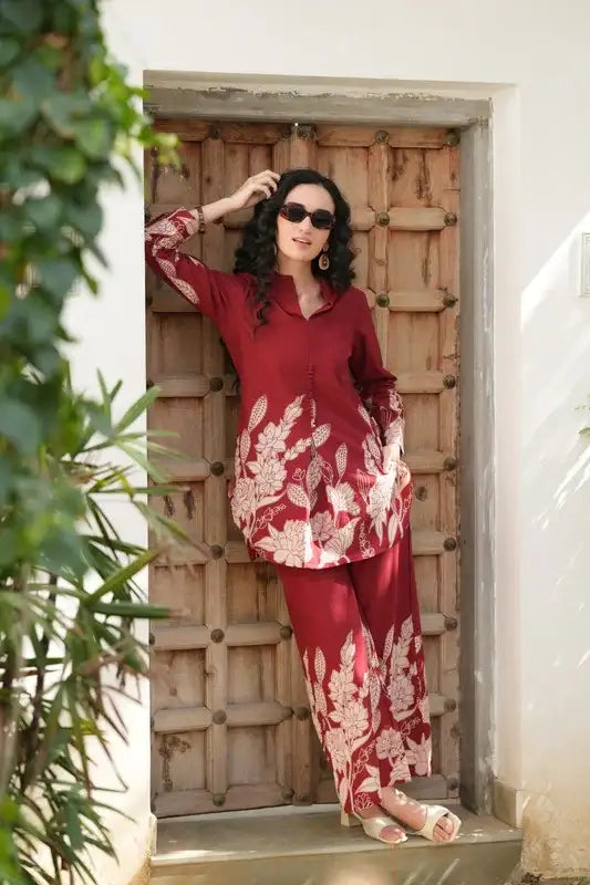 Crimson Bloom Cotton Co-ord Set