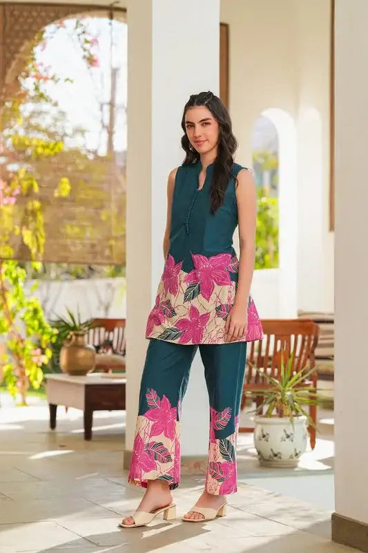 Emerald Blossom Printed Cotton Co-ord Set