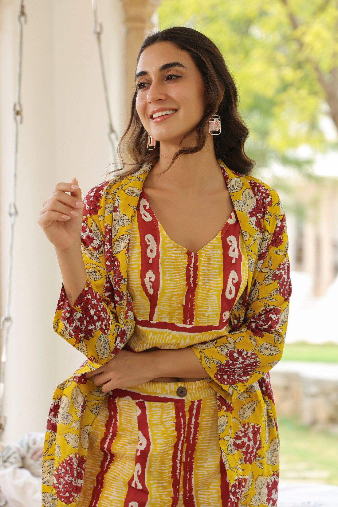 Sunburst Serenity Red And Yellow Three Piece Cotton Co-ord Set