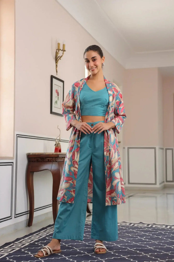 Blushing Blooms Pink And Aqua Blue Cotton Three Piece Co-ord set