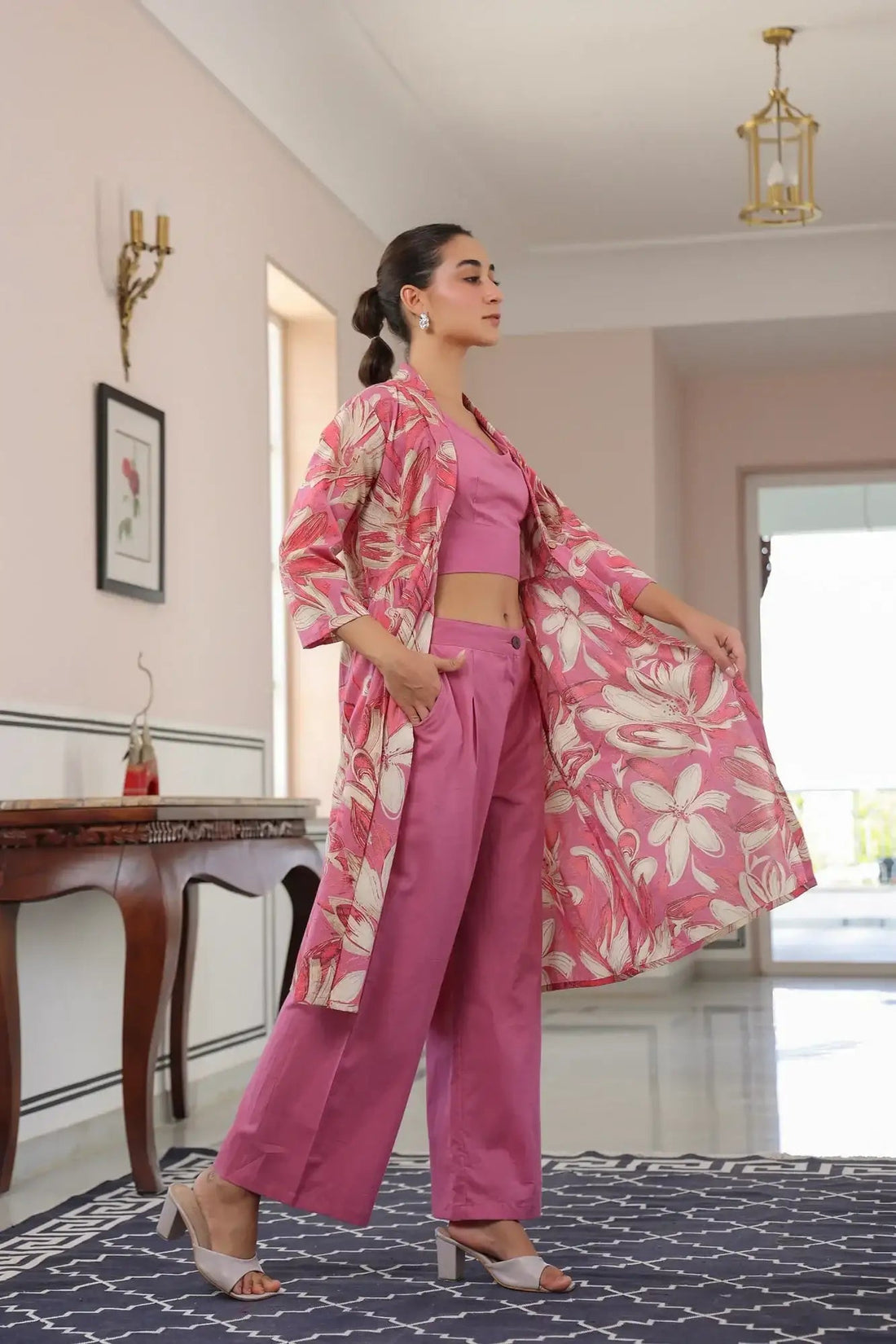 Floral Charm Pink Cotton Three Piece Co-ord Set