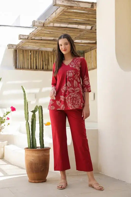 Ruby Red Floral Line Pattern Cotton Co-ord Set