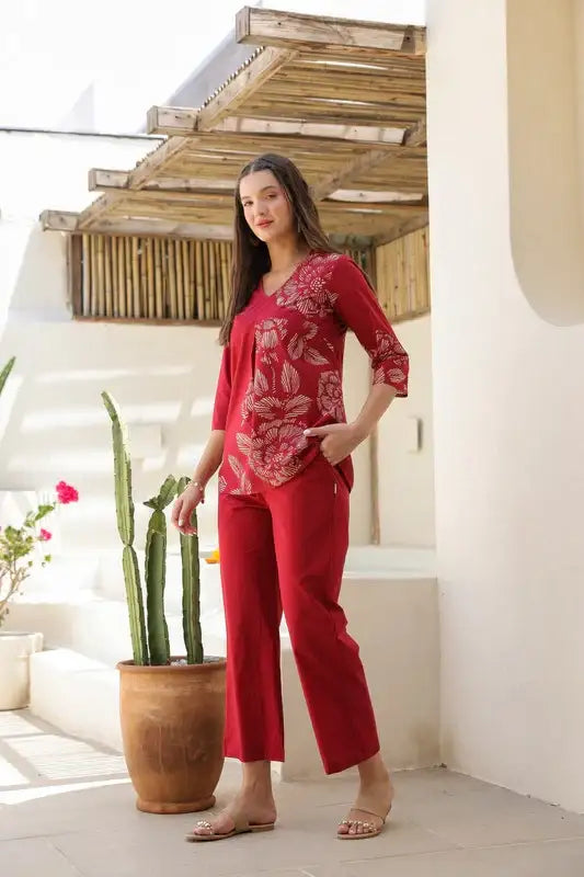 Ruby Red Floral Line Pattern Cotton Co-ord Set