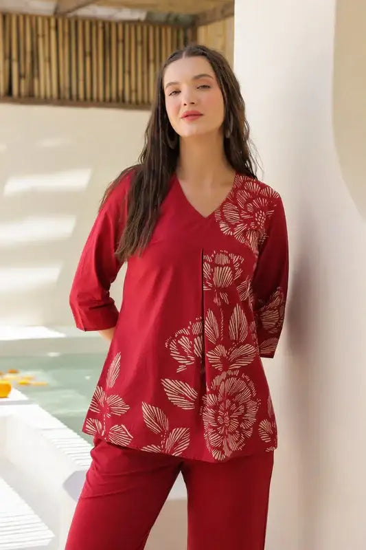 Ruby Red Floral Line Pattern Cotton Co-ord Set