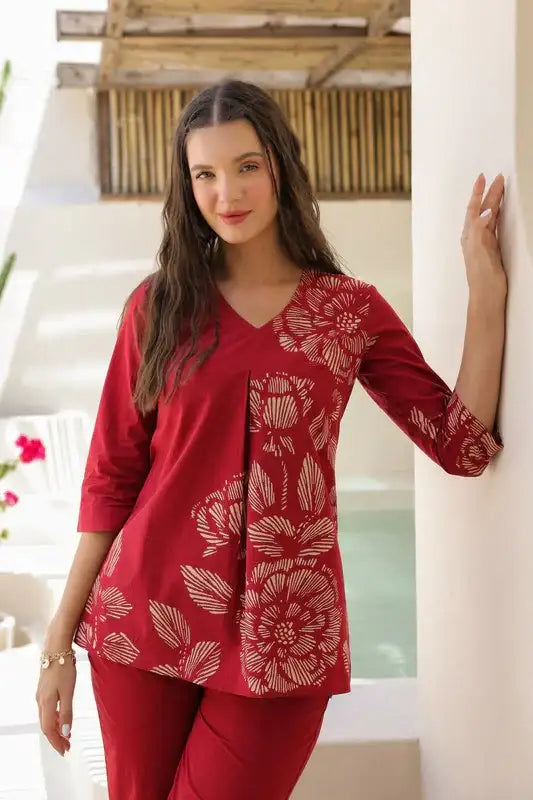 Ruby Red Floral Line Pattern Cotton Co-ord Set