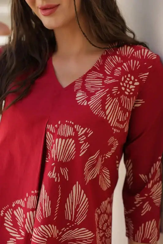 Ruby Red Floral Line Pattern Cotton Co-ord Set