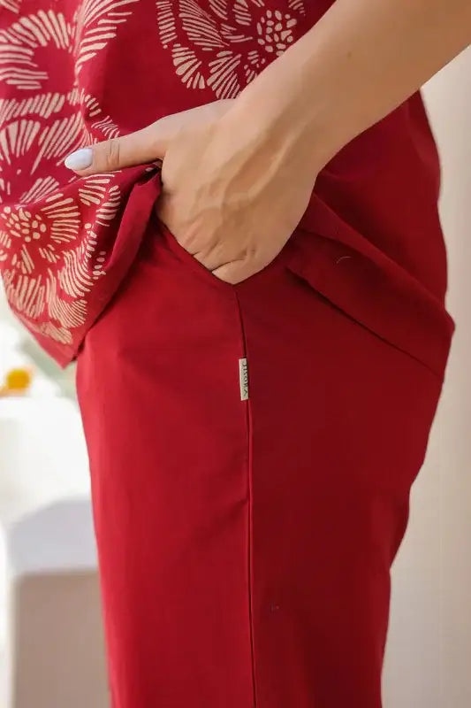 Ruby Red Floral Line Pattern Cotton Co-ord Set