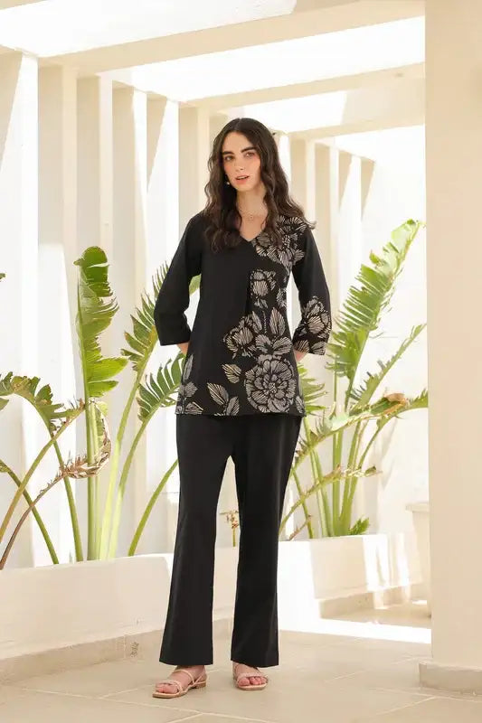 Midnight Black Floral Line Pattern Cotton Co-ord Set