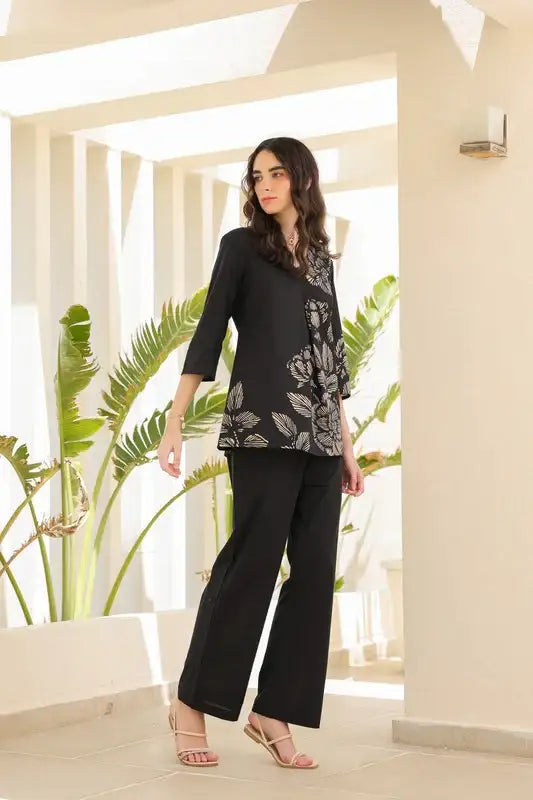 Midnight Black Floral Line Pattern Cotton Co-ord Set