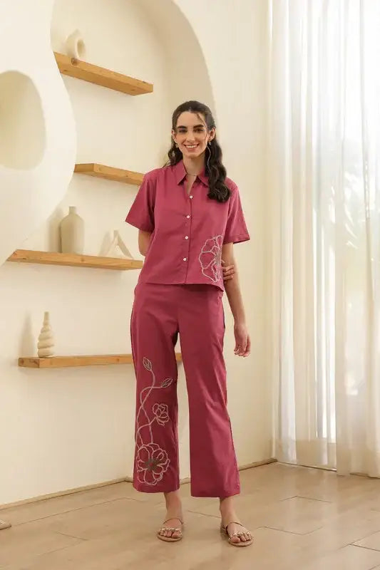 Coral Pink Embroidery Cotton Co-ord Set