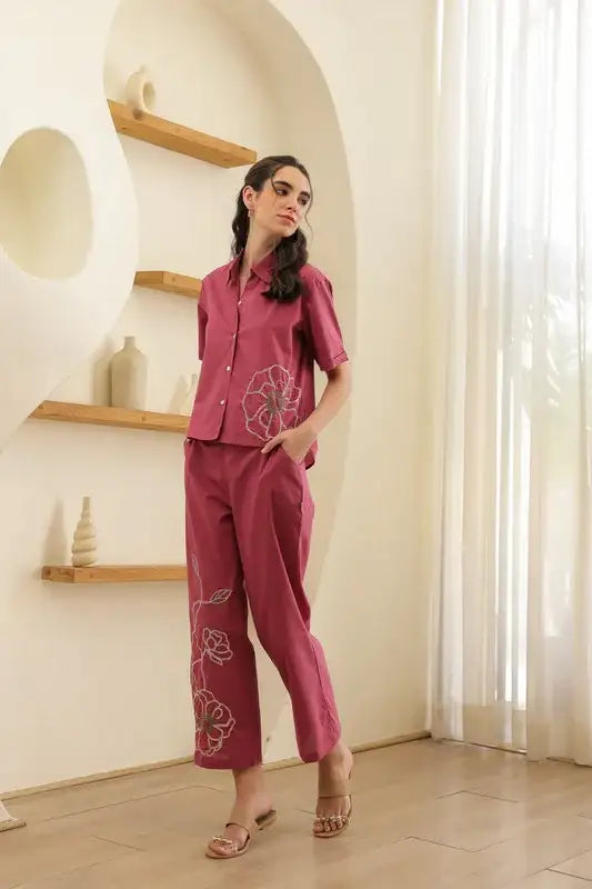 Coral Pink Embroidery Cotton Co-ord Set