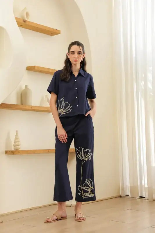 Night Blue Embroidery Cotton Co-ord Set