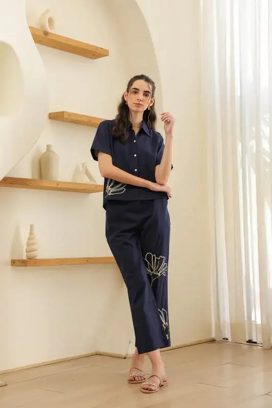 Night Blue Embroidery Cotton Co-ord Set