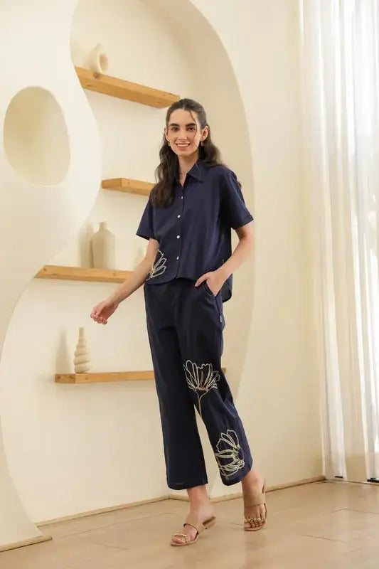 Night Blue Embroidery Cotton Co-ord Set