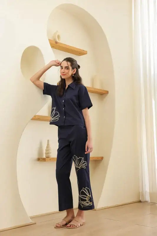 Night Blue Embroidery Cotton Co-ord Set