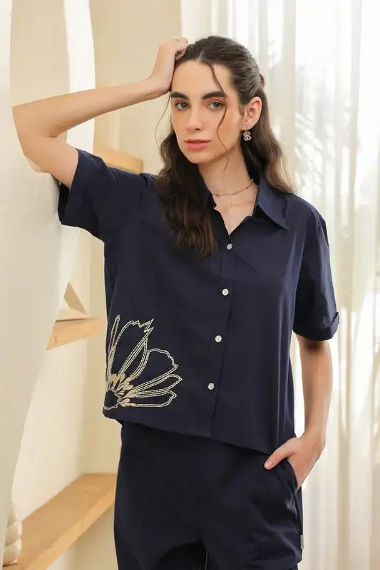 Night Blue Embroidery Cotton Co-ord Set