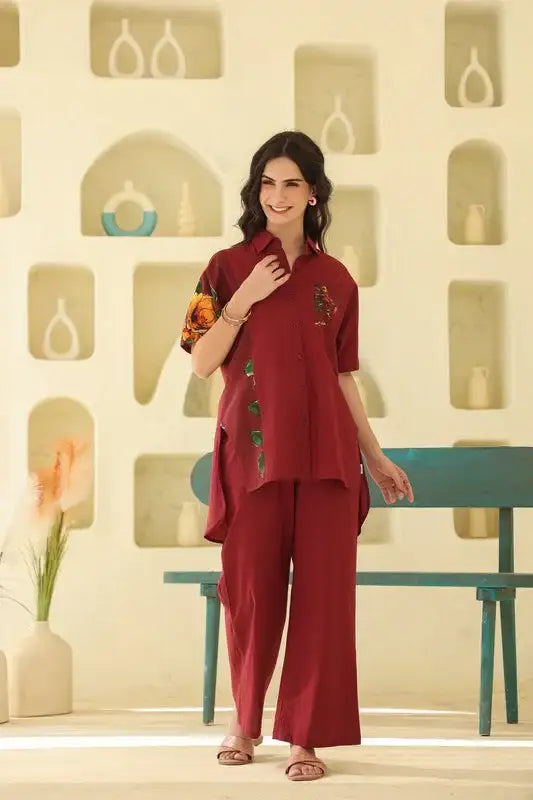 Sunlit Tropics Maroon Cotton Co-ord Set