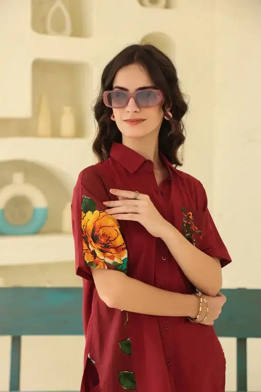 Sunlit Tropics Maroon Cotton Co-ord Set