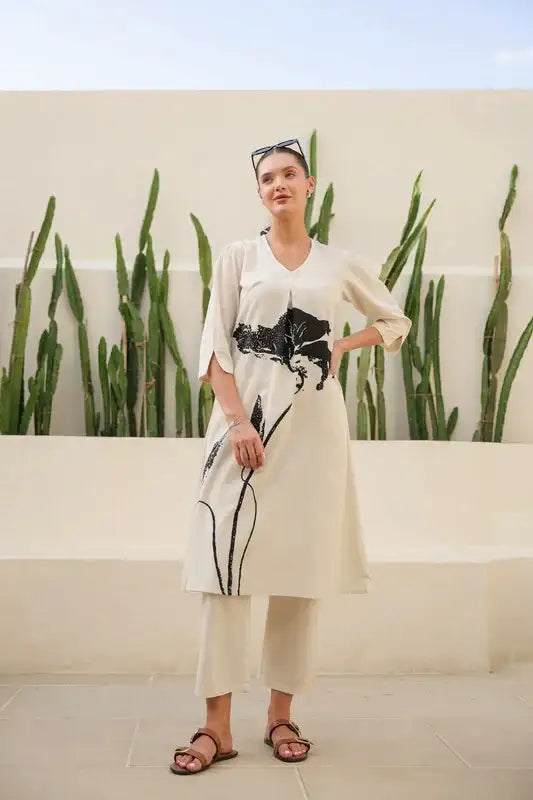 Floral Black & Beige Printed Cotton Flex Long Co-ord Set