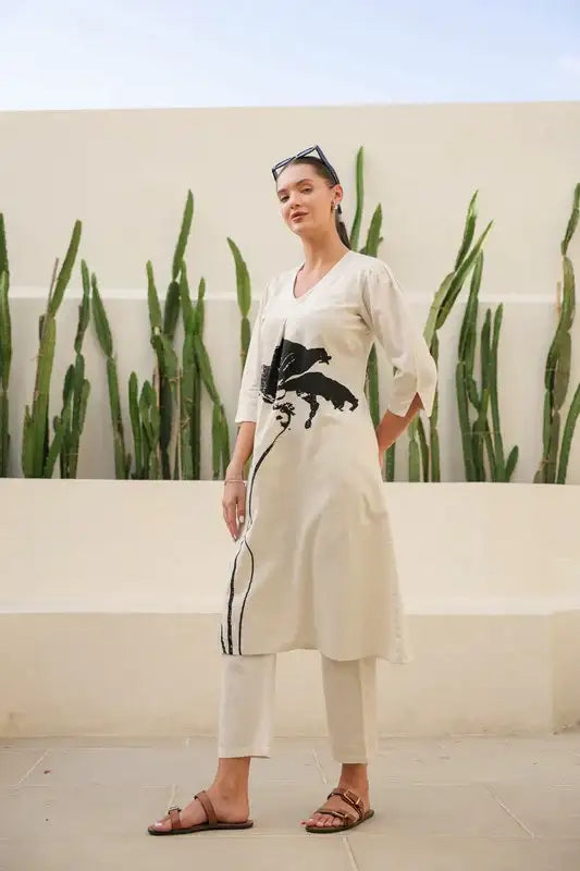 Floral Black & Beige Printed Cotton Flex Long Co-ord Set