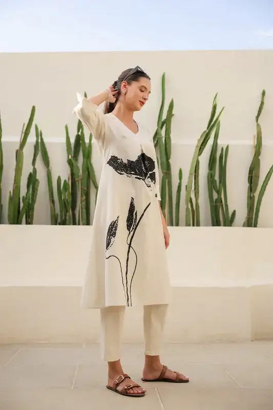 Floral Black & Beige Printed Cotton Flex Long Co-ord Set