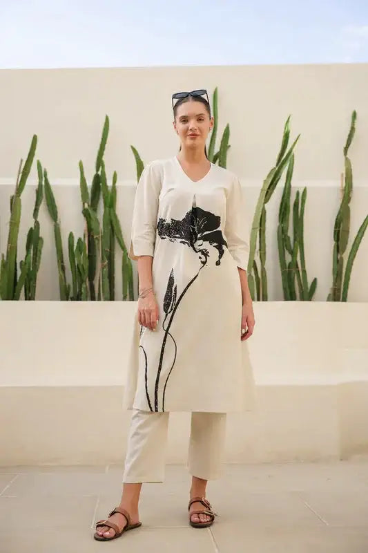 Floral Black & Beige Printed Cotton Flex Long Co-ord Set