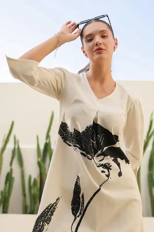 Floral Black & Beige Printed Cotton Flex Long Co-ord Set